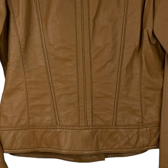 BOSTON PROPER LEATHER ASYMMETRIC ZIPPER STAND COLLAR TAN MOTO JACKET - Picture 9 of 15